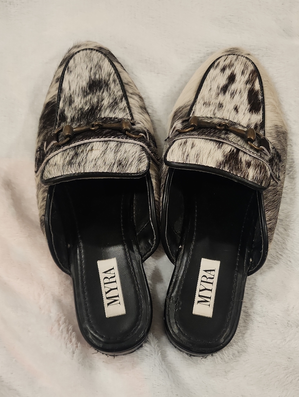 Myra Black and White Haircalf Front Loafer Mules Sz. 7